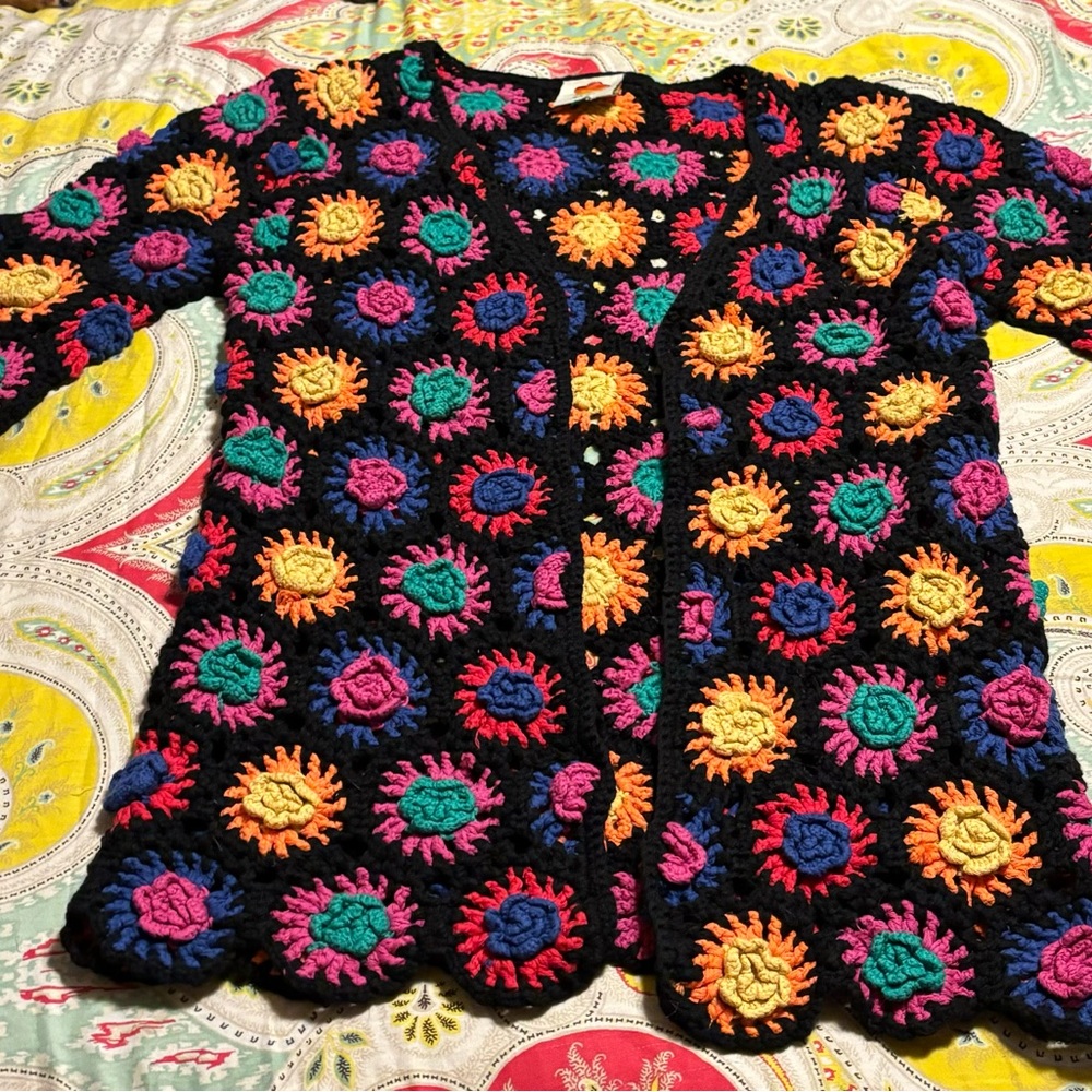 Black multi colored rosette crocheted Farm Rio cardigan Size M